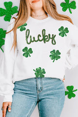 White lucky Clover Sequin Graphic Drop Shoulder Sweatshirt Graphic Sweatshirts JT's Designer Fashion