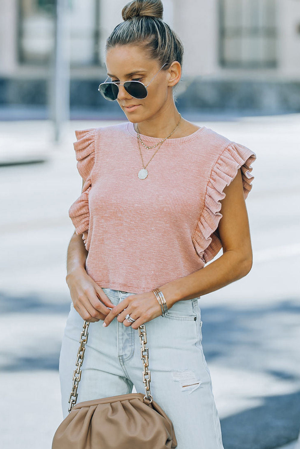 Pink Ruffled Crew Neck Crop Top Tops & Tees JT's Designer Fashion