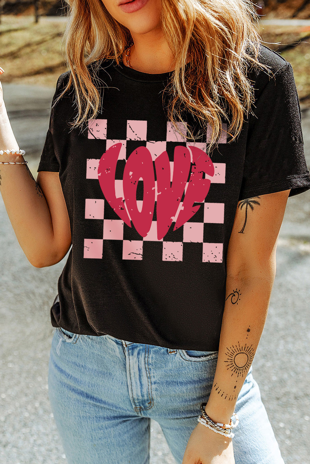 Black LOVE Checkered Graphic Valentine Tee Graphic Tees JT's Designer Fashion