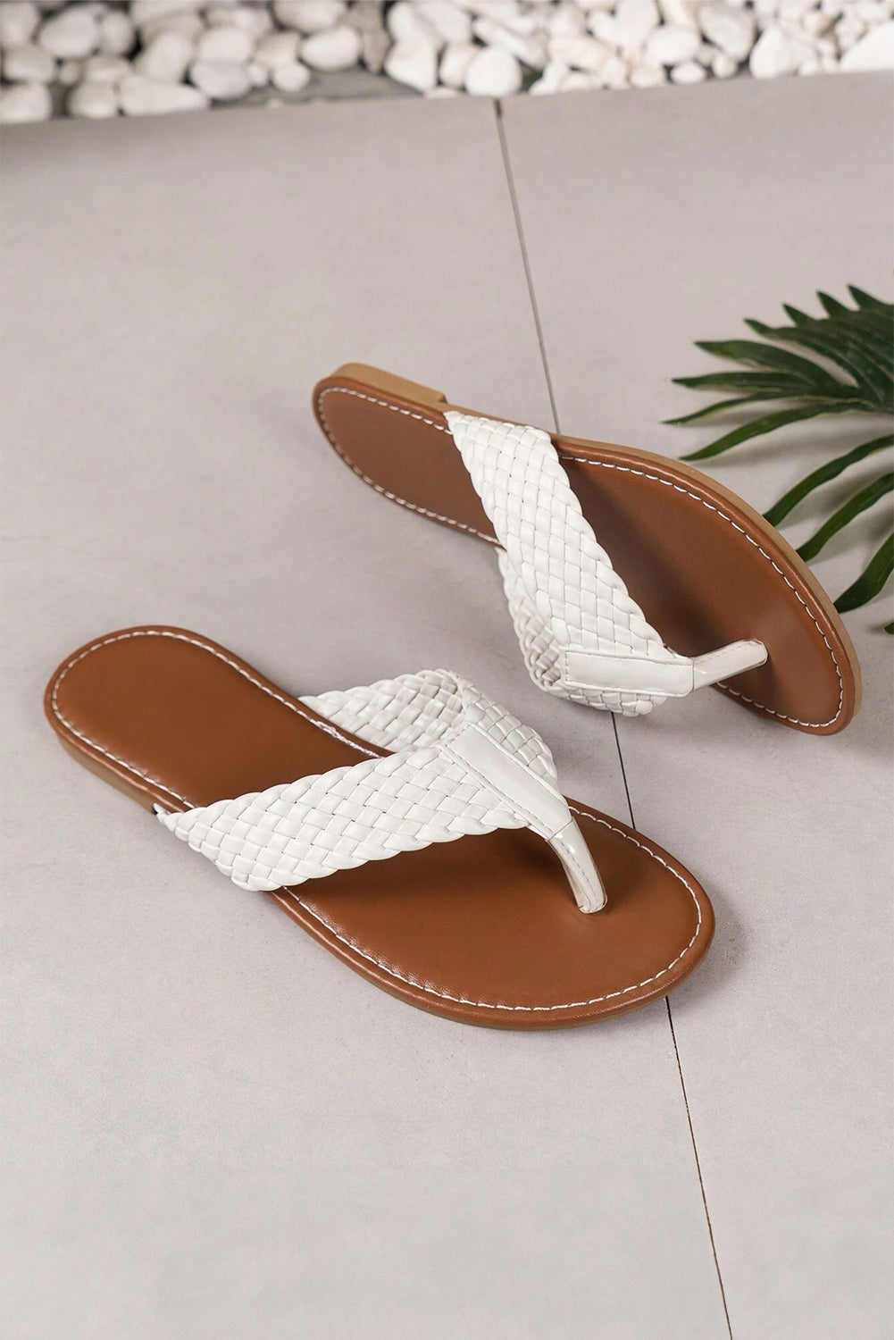 White Braided Strap Leather Flip Flop Slippers JT's Designer Fashion