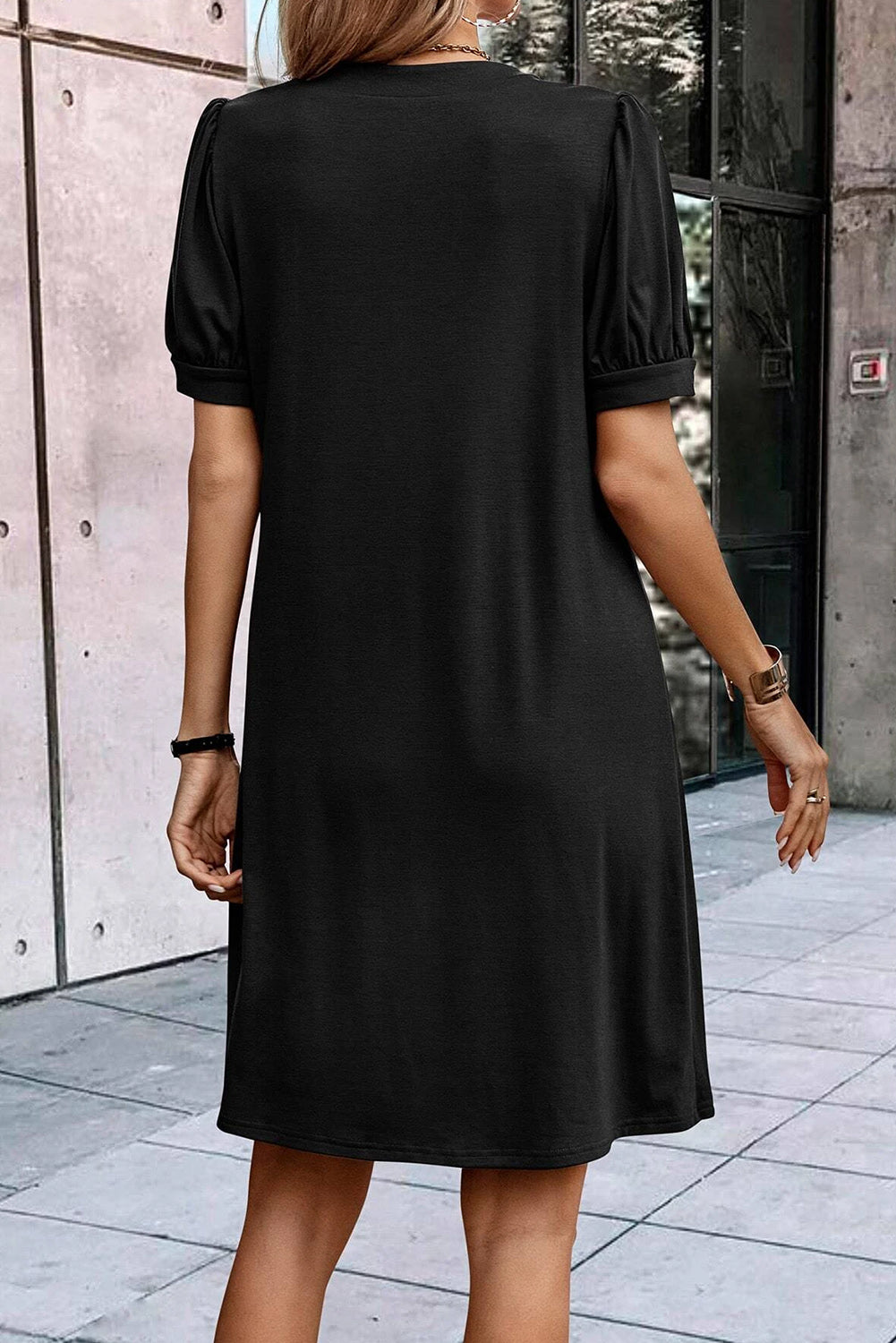 Black Notched Neck Pleated Puff Sleeve Shift T-shirt Dress T Shirt Dresses JT's Designer Fashion