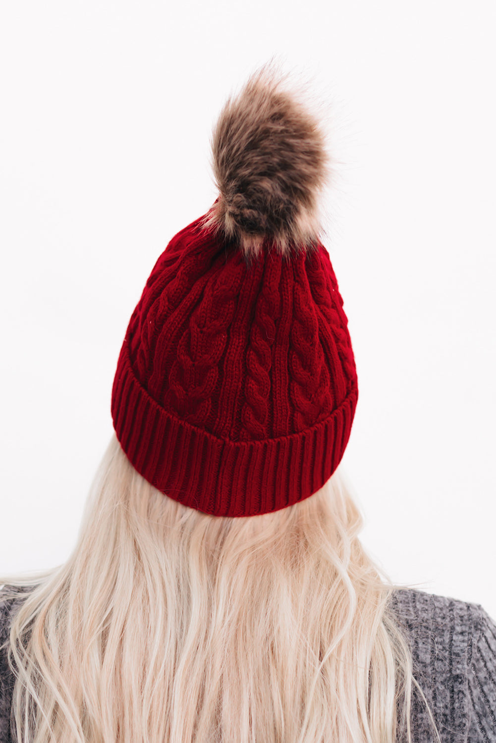 Red Cable Knit Furry Pompom Beanie Hats & Caps JT's Designer Fashion