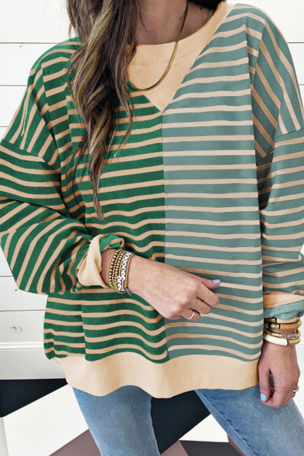 Contrast Striped Round Neck Long Sleeve Sweatshirt Long Sleeve Tops JT's Designer Fashion