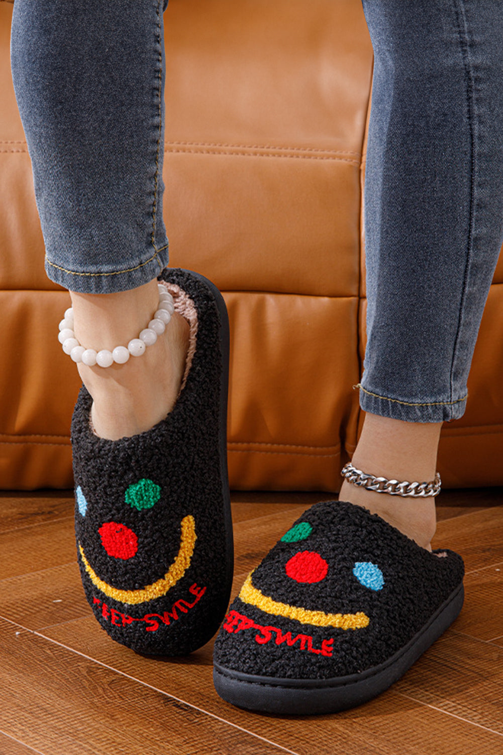 Black Keep Smile Printed Sherpa Home Slippers Slippers JT's Designer Fashion