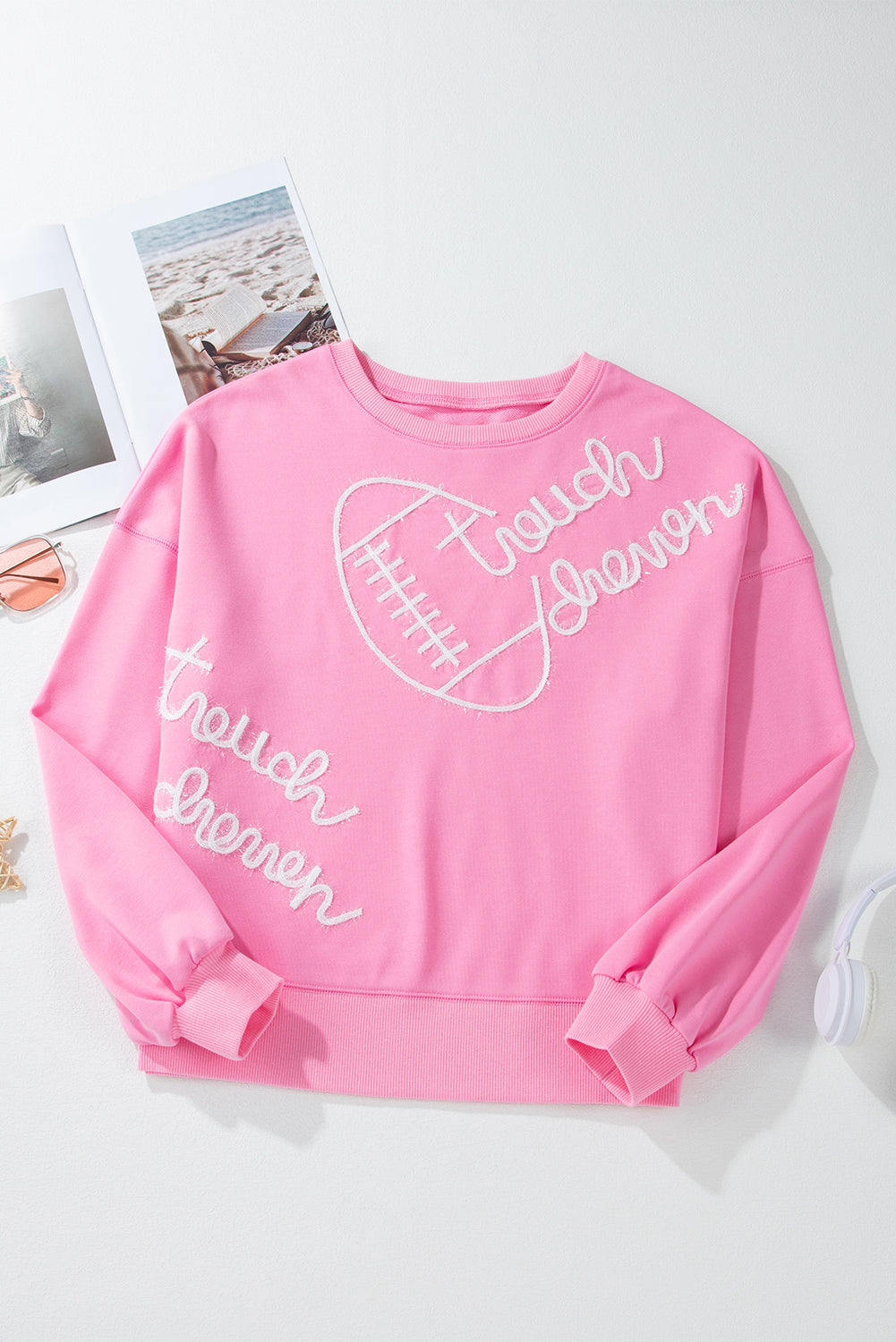 Pink Touch Down Rugby Thread Embroidery Sweatshirt Sweatshirts & Hoodies JT's Designer Fashion