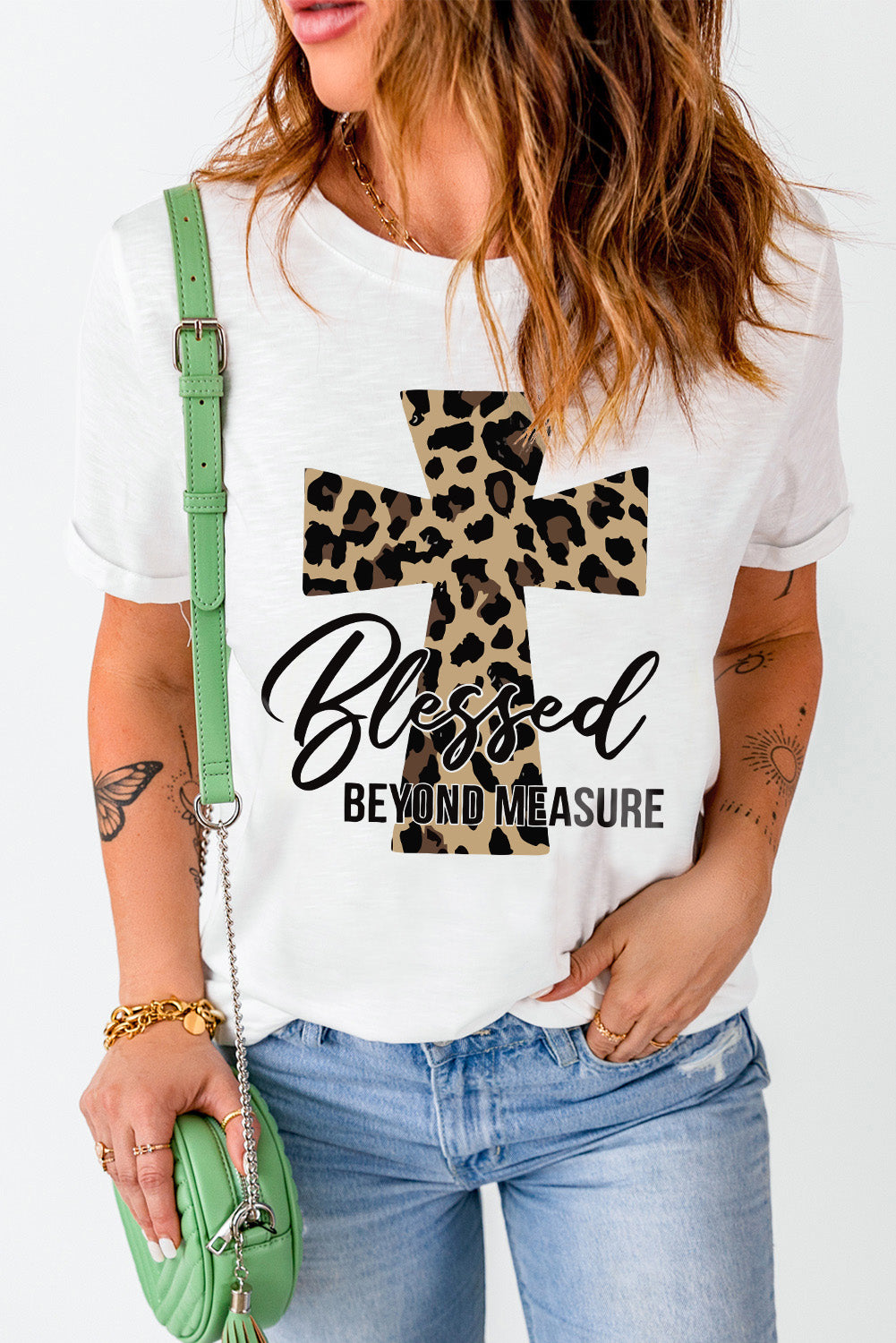 White Blessed Leopard Cross Graphic T Shirt Graphic Tees JT's Designer Fashion