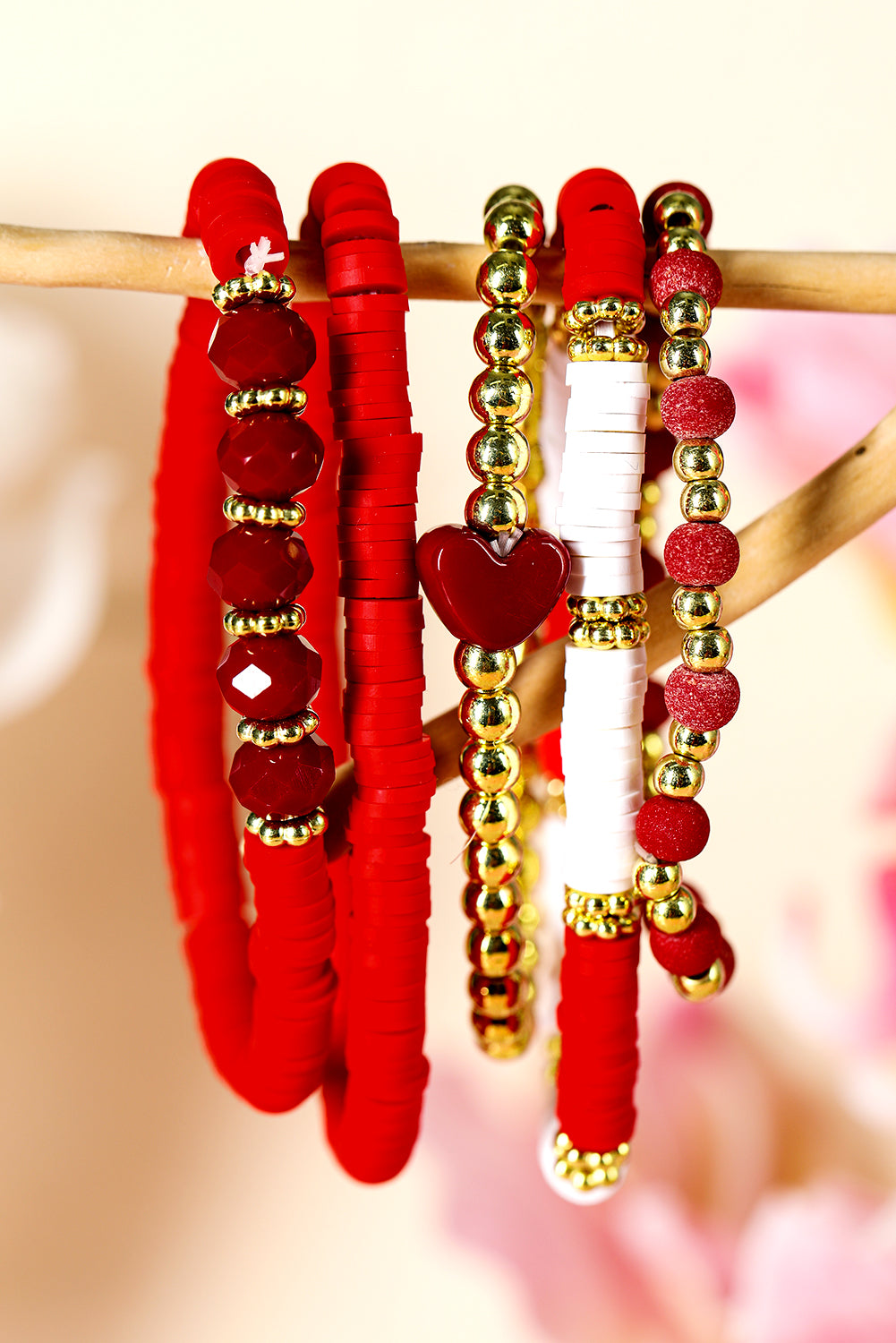 Fiery Red Heart Beaded Multi Layered Elastic Bracelet Set Jewelry JT's Designer Fashion