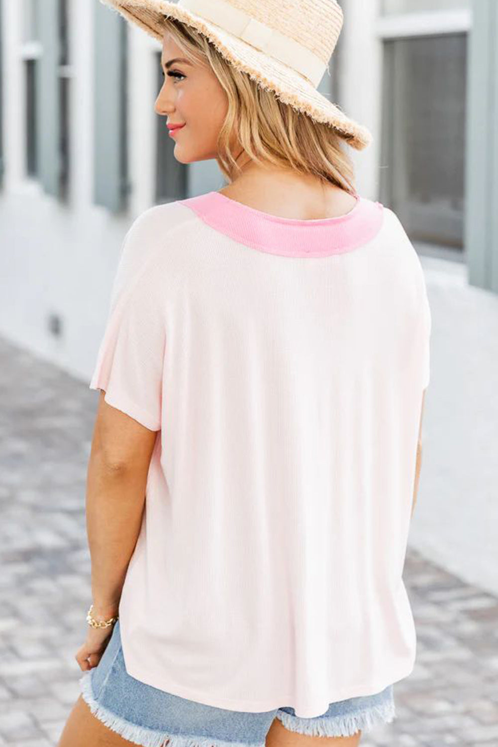 Pink Two Tone Colorblock V Neck T shirt Tops & Tees JT's Designer Fashion