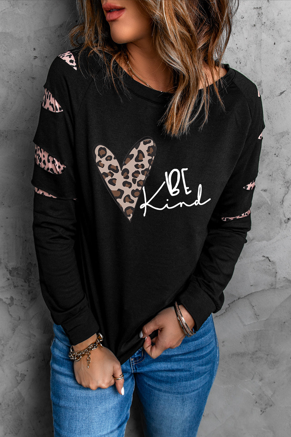 Be Kind Leopard Heart Print Cut Out Long Sleeve Sweatshirt Graphic Sweatshirts JT's Designer Fashion
