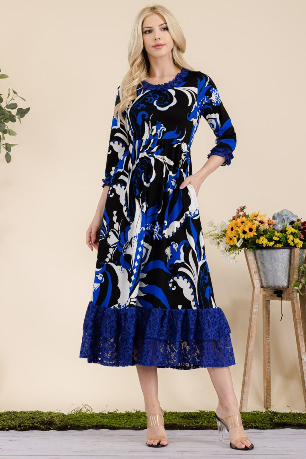 Celeste Full Size Paisley Print Lace Ruffled Midi Dress Royal Midi Dresses JT's Designer Fashion