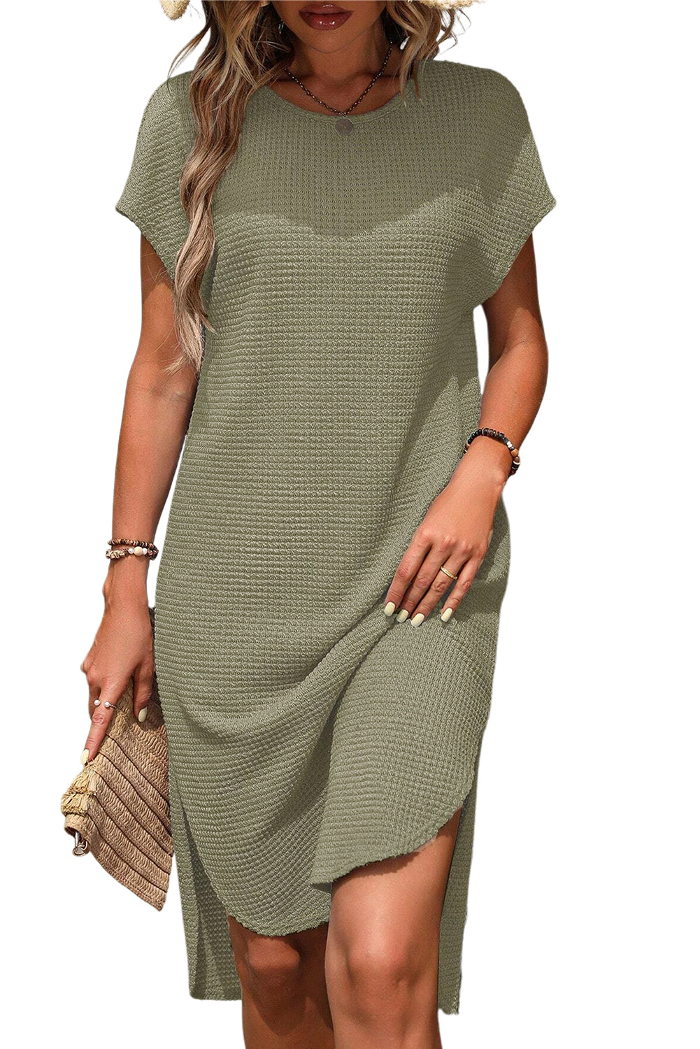 Jungle Green Waffle Texture Curved Hem Side Slit T-shirt Dress T Shirt Dresses JT's Designer Fashion