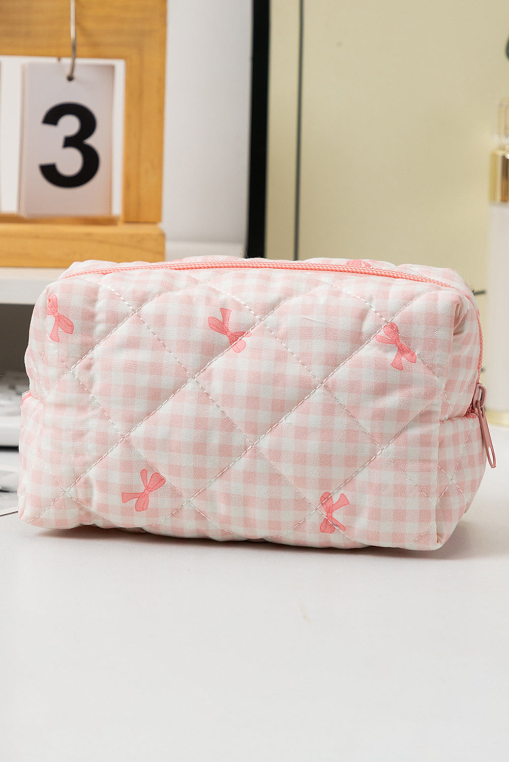 Pink Sweet Bow Knot Print Quilted Zipper Cosmetic Bag Makeup Bags JT's Designer Fashion