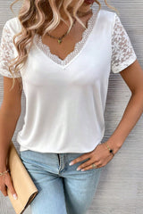 White Contrast Lace V-Neck Patchwork Sleeve Casual T-Shirt Pre Order Tops JT's Designer Fashion