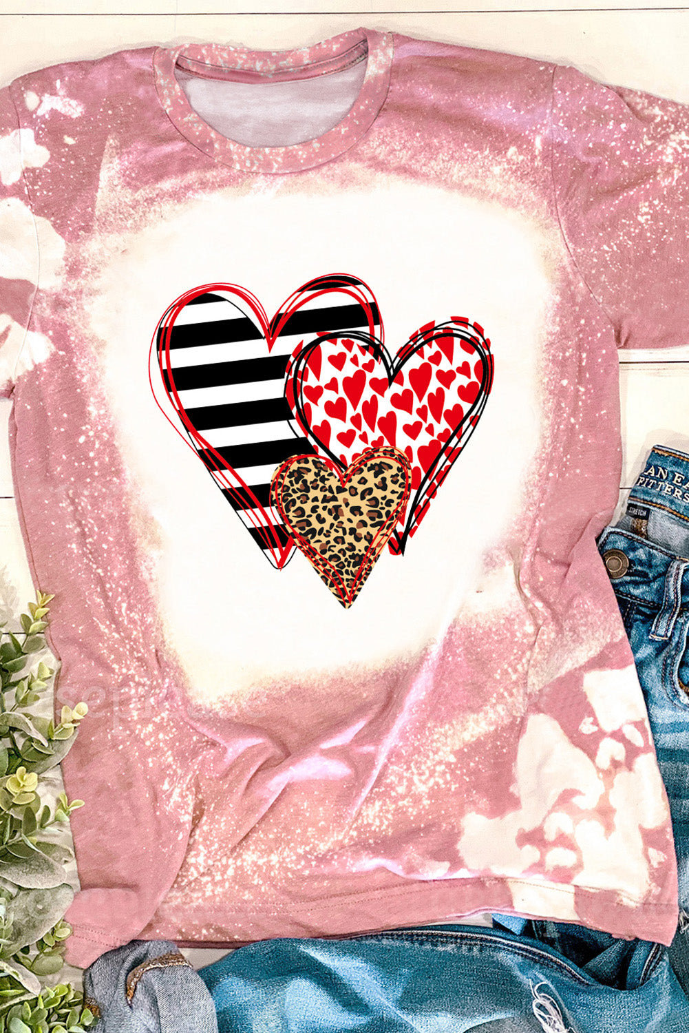 Pink Bleached Tie-dye Print Heart Shape Graphic Tee Graphic Tees JT's Designer Fashion