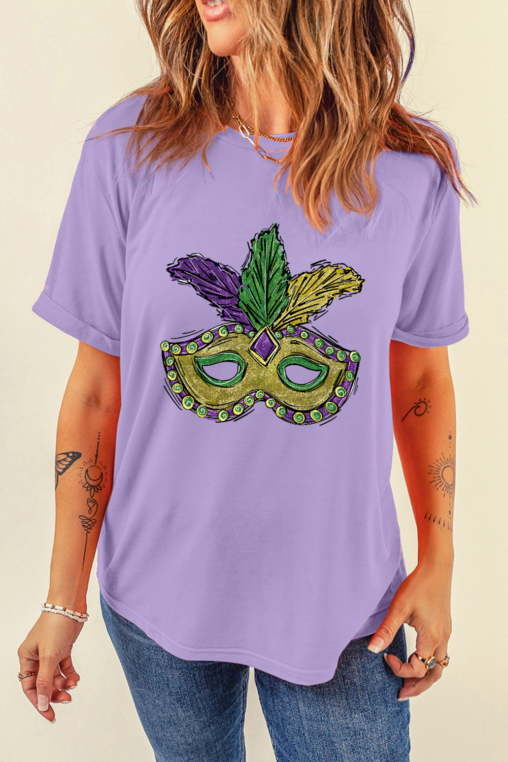 Wisteria Mardi Gras Mask Graphic Crew Neck Festival T Shirt Graphic Tees JT's Designer Fashion