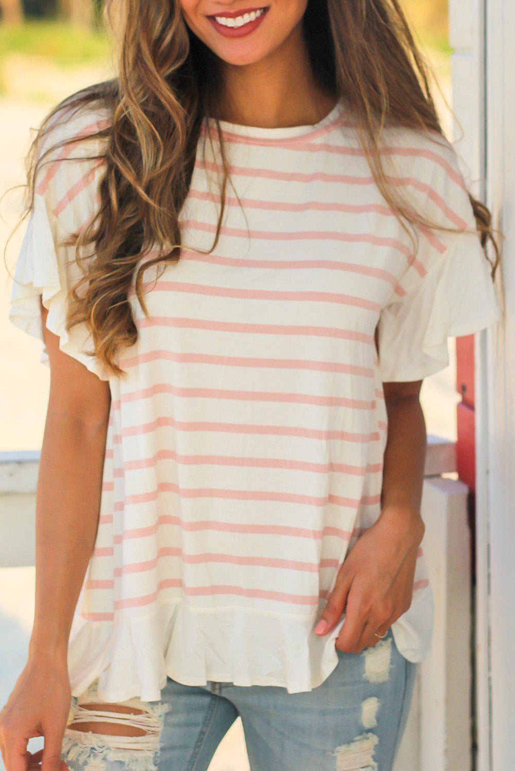 Pink Stripe Ruffled Detail Slit Back Loose T Shirt Pre Order Tops JT's Designer Fashion