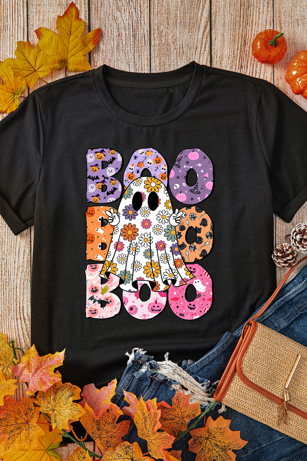 Black BOO Floral Ghost Print Crew Neck Halloween T Shirt Graphic Tees JT's Designer Fashion