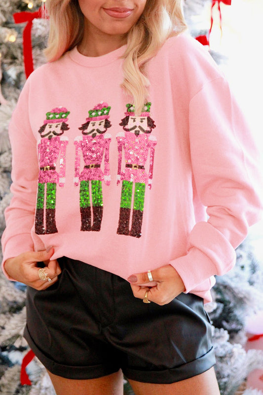 Pink Christmas Nutcracker Patched Pattern Drop Shoulder Sweatshirt Pink 50%Polyester+50%Cotton Graphic Sweatshirts JT's Designer Fashion