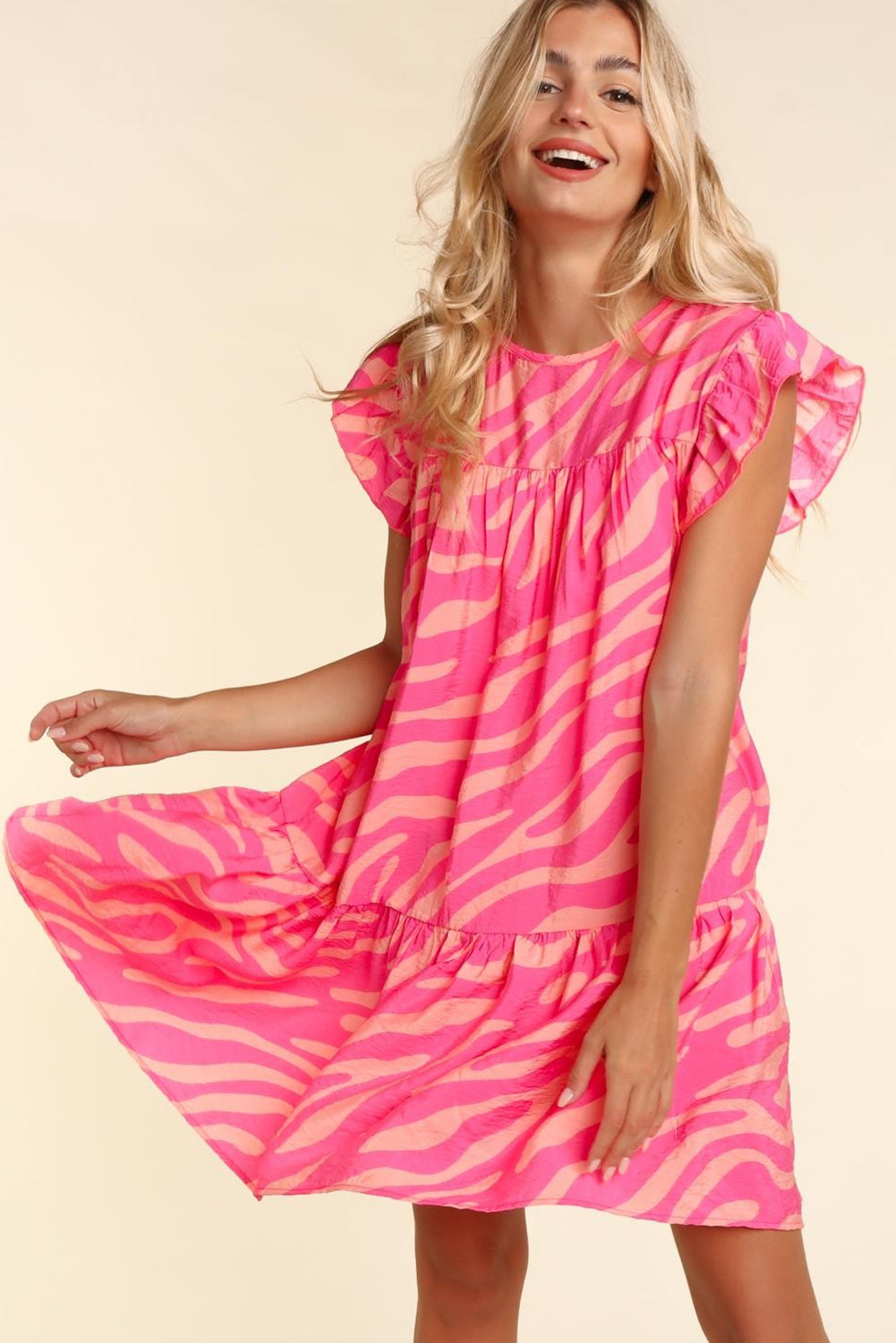 Pink Zebra Stripe Printed Ruffle Trim Pocketed Dress Dresses JT's Designer Fashion