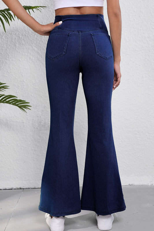 Dusk Blue Solid Crossed Waist High Elastic Fit Flare Knit Jeans Jeans JT's Designer Fashion