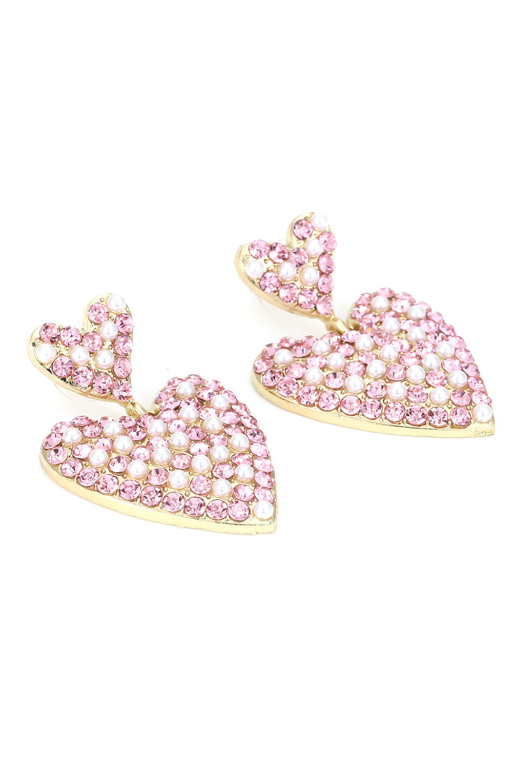 Pink Rhinestone Pearl Dual Heart Shape Valentine Earrings Jewelry JT's Designer Fashion