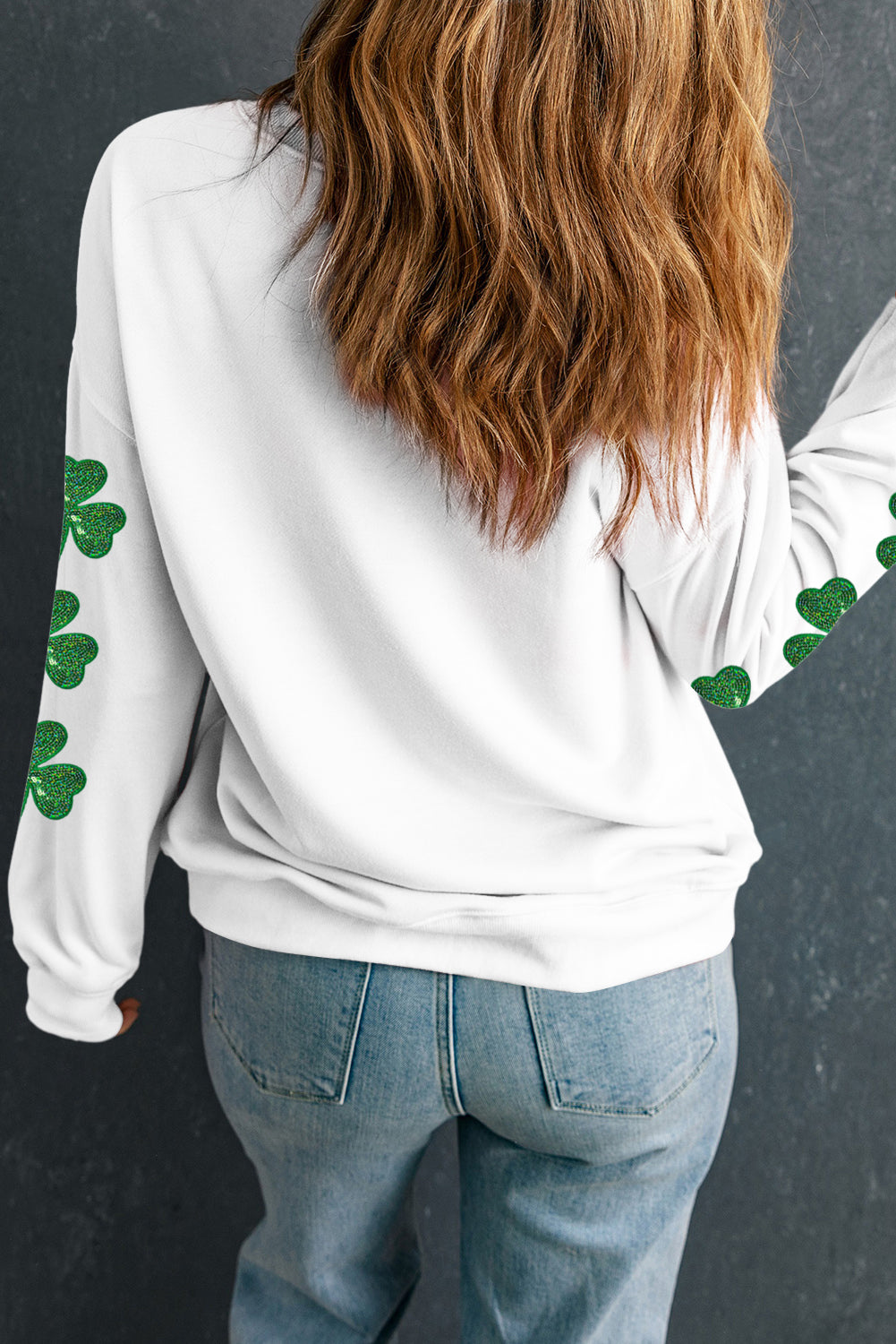 White Sequin lucky Lettering Clover Patched Sleeve Drop Shoulder Sweatshirt Graphic Sweatshirts JT's Designer Fashion