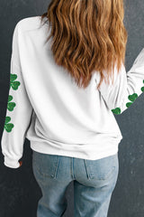 White Sequin lucky Lettering Clover Patched Sleeve Drop Shoulder Sweatshirt Graphic Sweatshirts JT's Designer Fashion