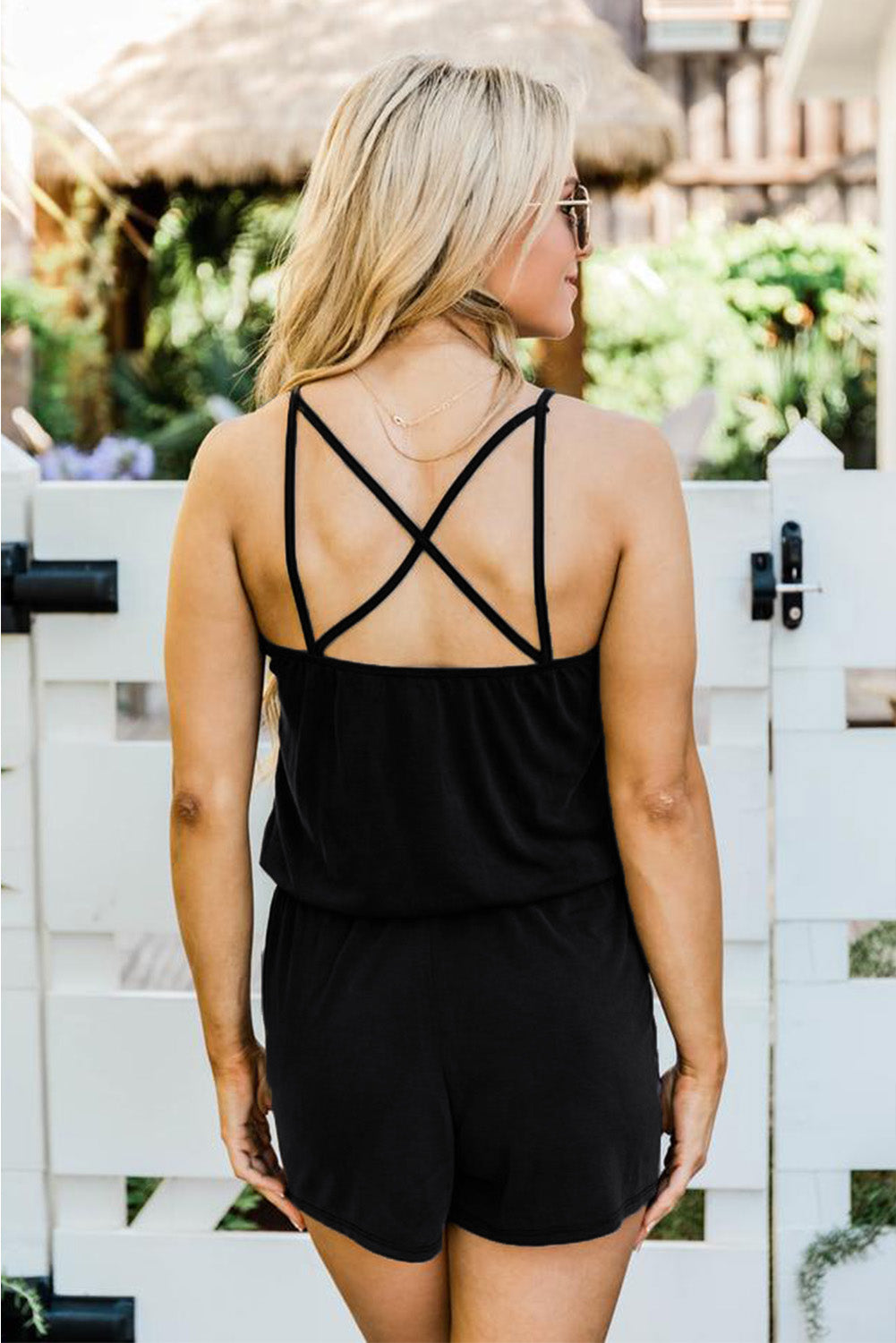 Black Spaghetti Straps V Neck Crisscross Back Romper Jumpsuits & Rompers JT's Designer Fashion