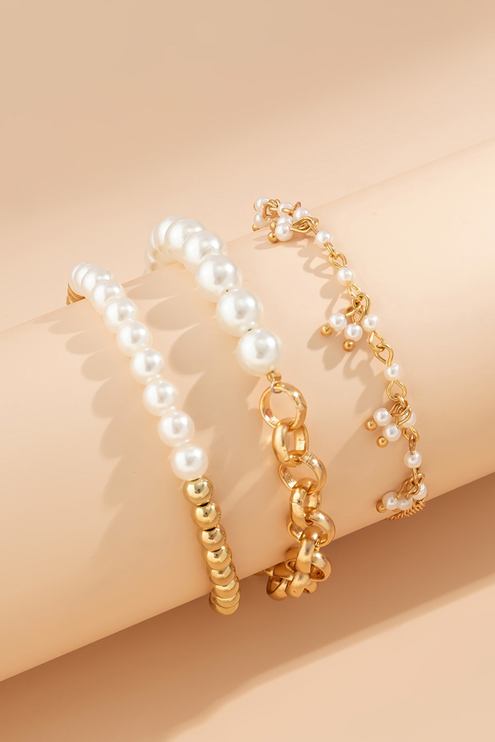 Gold 3pcs Pearl Plated Alloy Beaded Bracelet Set Jewelry JT's Designer Fashion