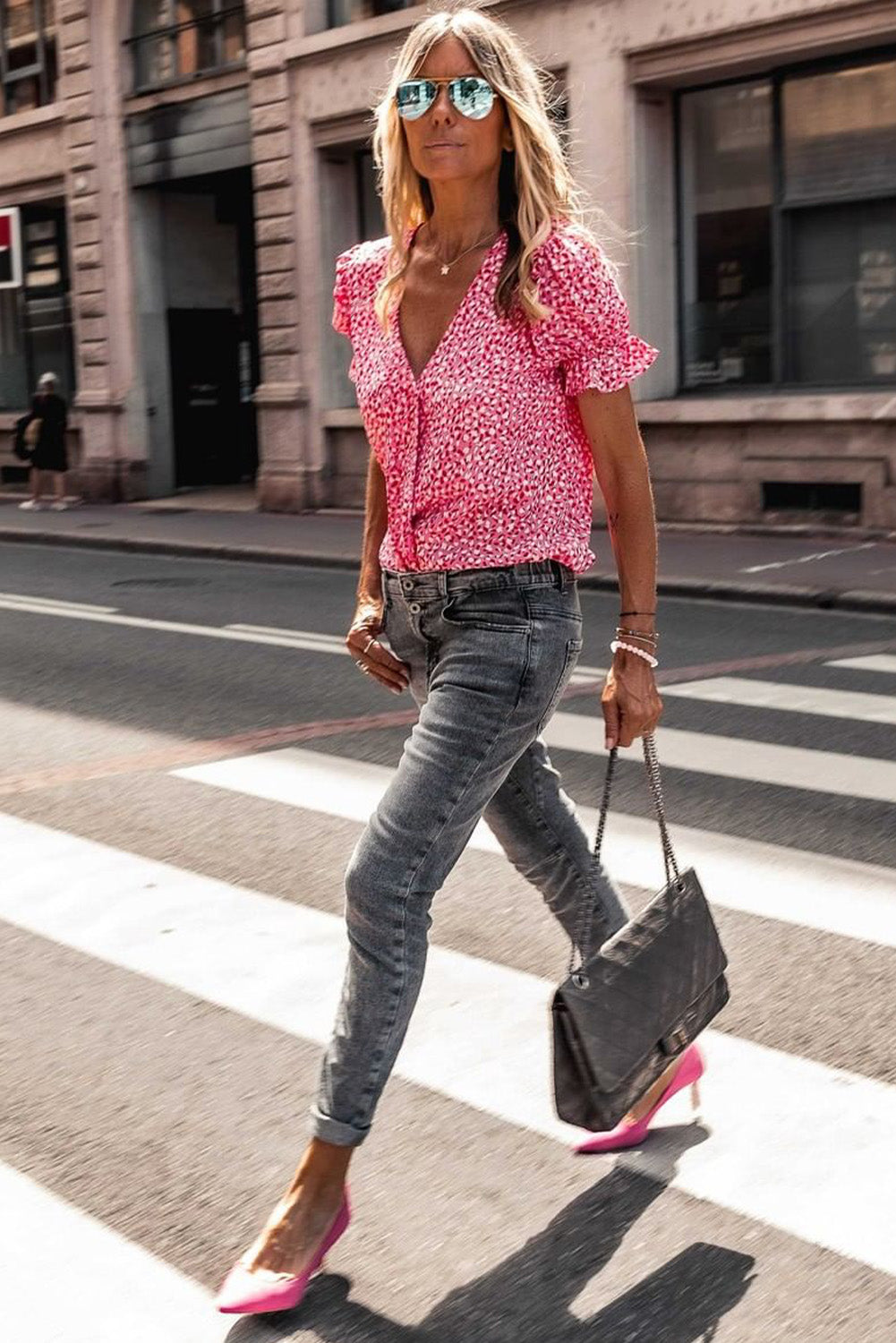 Pink Abstract Print Buttoned Ruffle Sleeve Shirt Blouses & Shirts JT's Designer Fashion