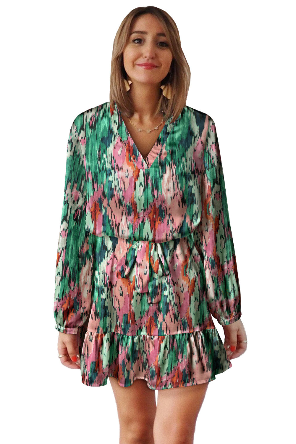 Pink Abstract Print Ruffled Drawstring High Waist Mini Dress Mini Dresses JT's Designer Fashion