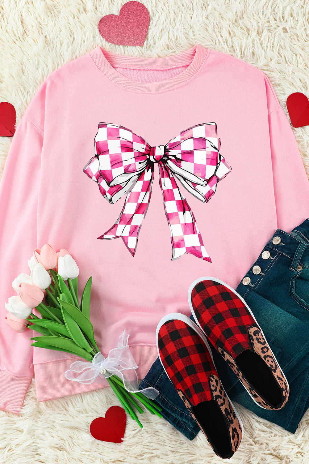 Pink Checkerboard Bow Graphic Round Neck Valentines Sweatshirt Graphic Sweatshirts JT's Designer Fashion