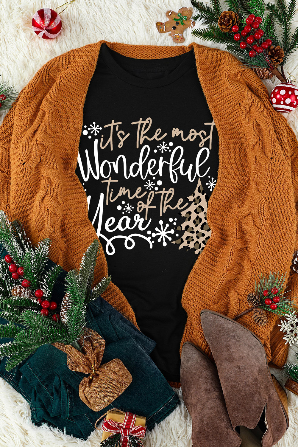 Black Wonderful Christmas Season Leopard Graphic Tee Graphic Tees JT's Designer Fashion