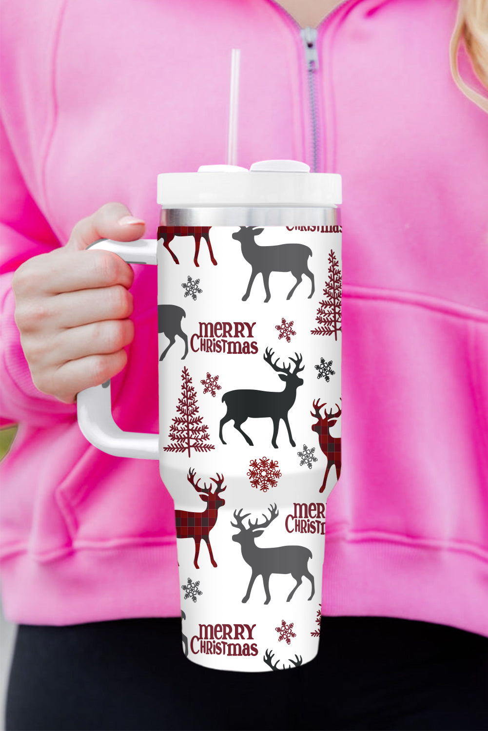 White Merry Christmas Tree Snowflake Elk Print Handle Tumbler Tumblers JT's Designer Fashion