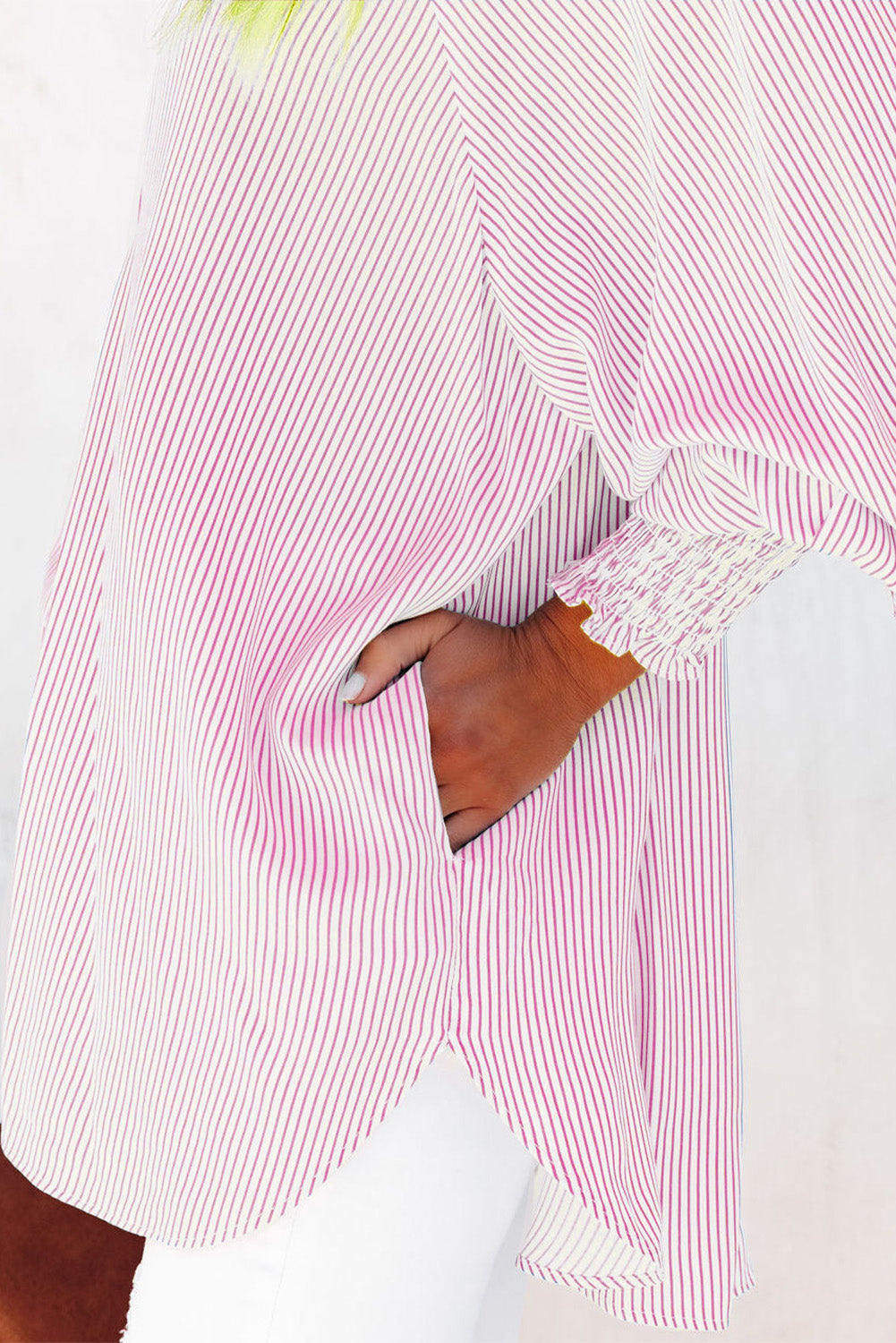 Pink Smocked Cuffed Striped Boyfriend Shirt with Pocket Blouses & Shirts JT's Designer Fashion