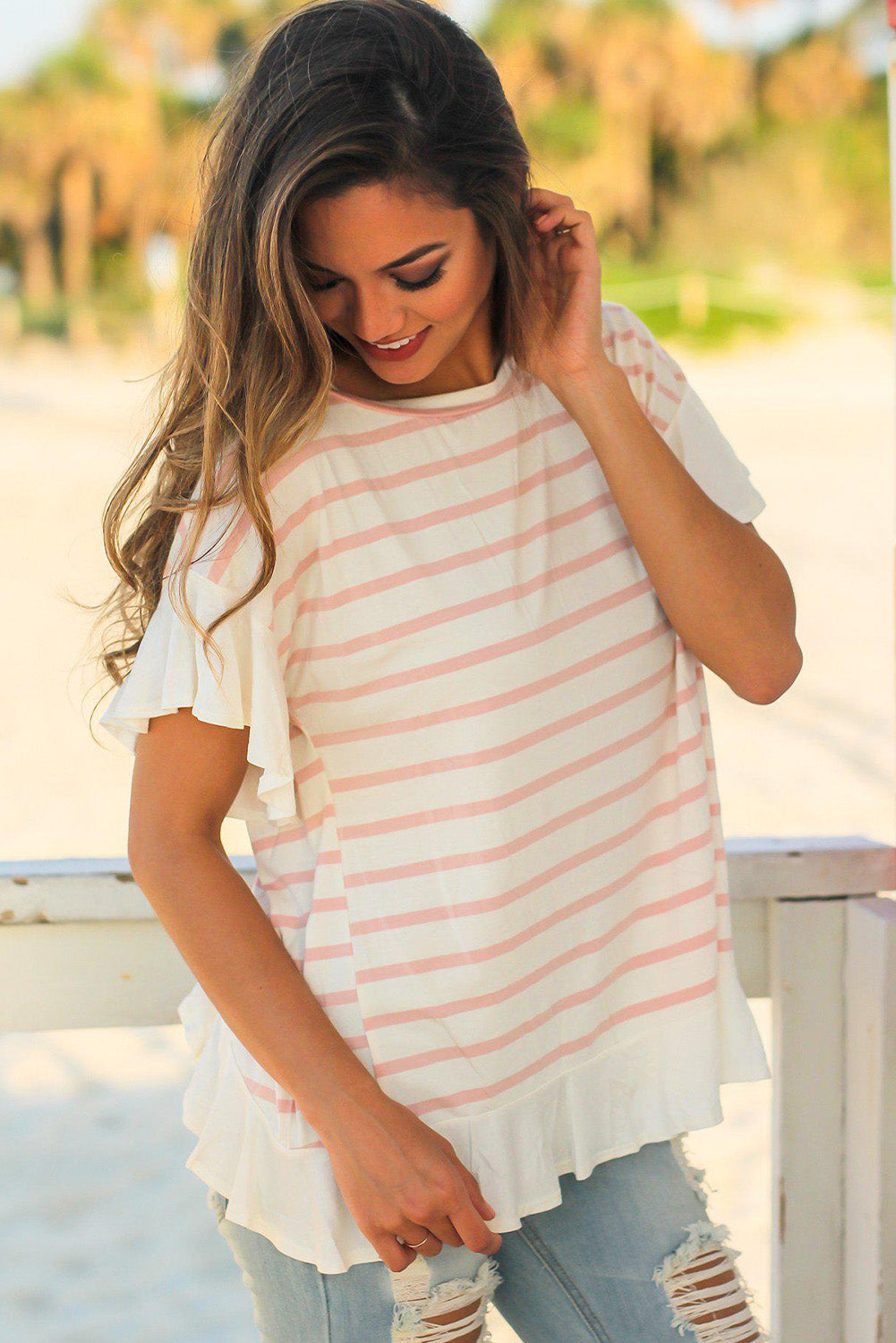 Pink Stripe Ruffled Detail Slit Back Loose T Shirt Pre Order Tops JT's Designer Fashion