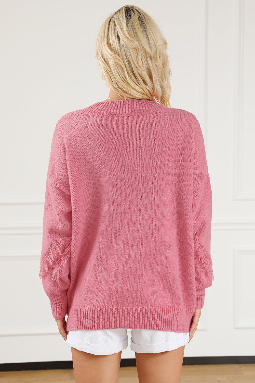 Pink Distressed Fringed Detail V Neck Baggy Sweater Sweaters & Cardigans JT's Designer Fashion