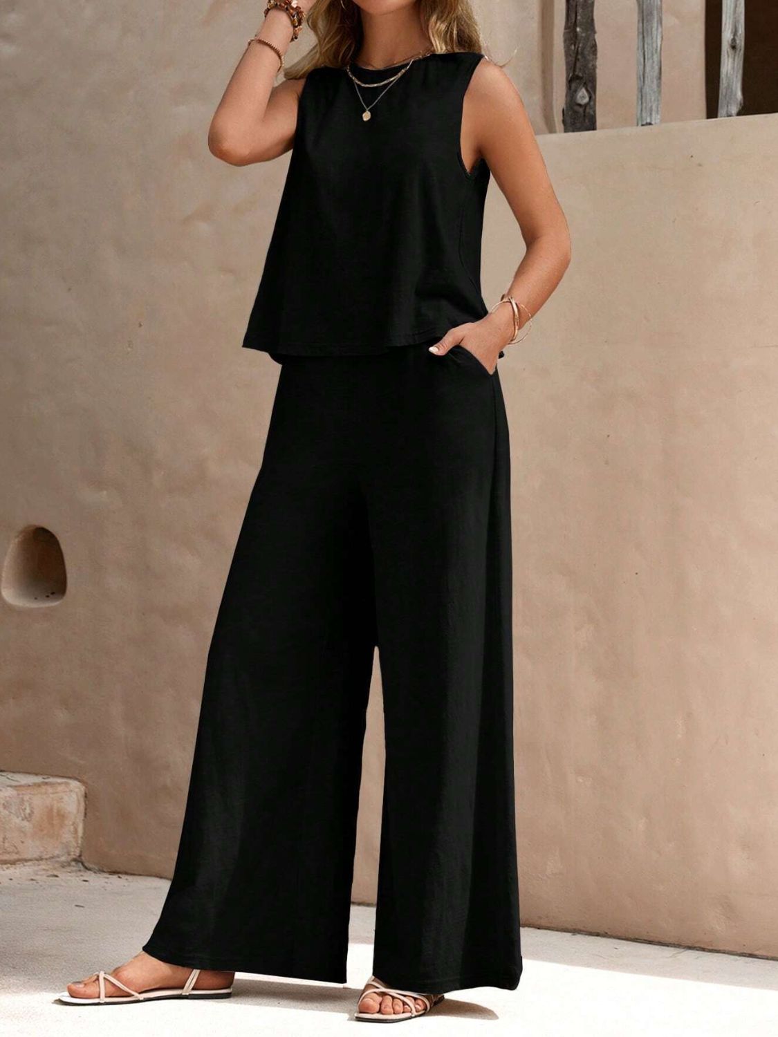 Round Neck Sleeveless Top and Wide Leg Pants Set Black Pant Sets JT's Designer Fashion