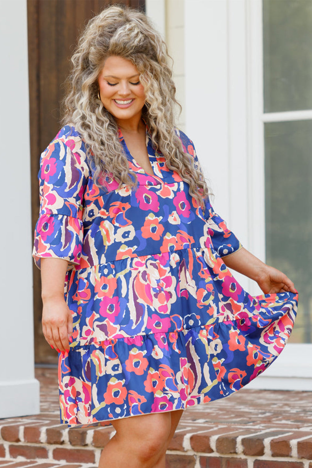 Blue Plus Size Floral Print Ruffled 3/4 Sleeve Mini Dress Plus Size JT's Designer Fashion