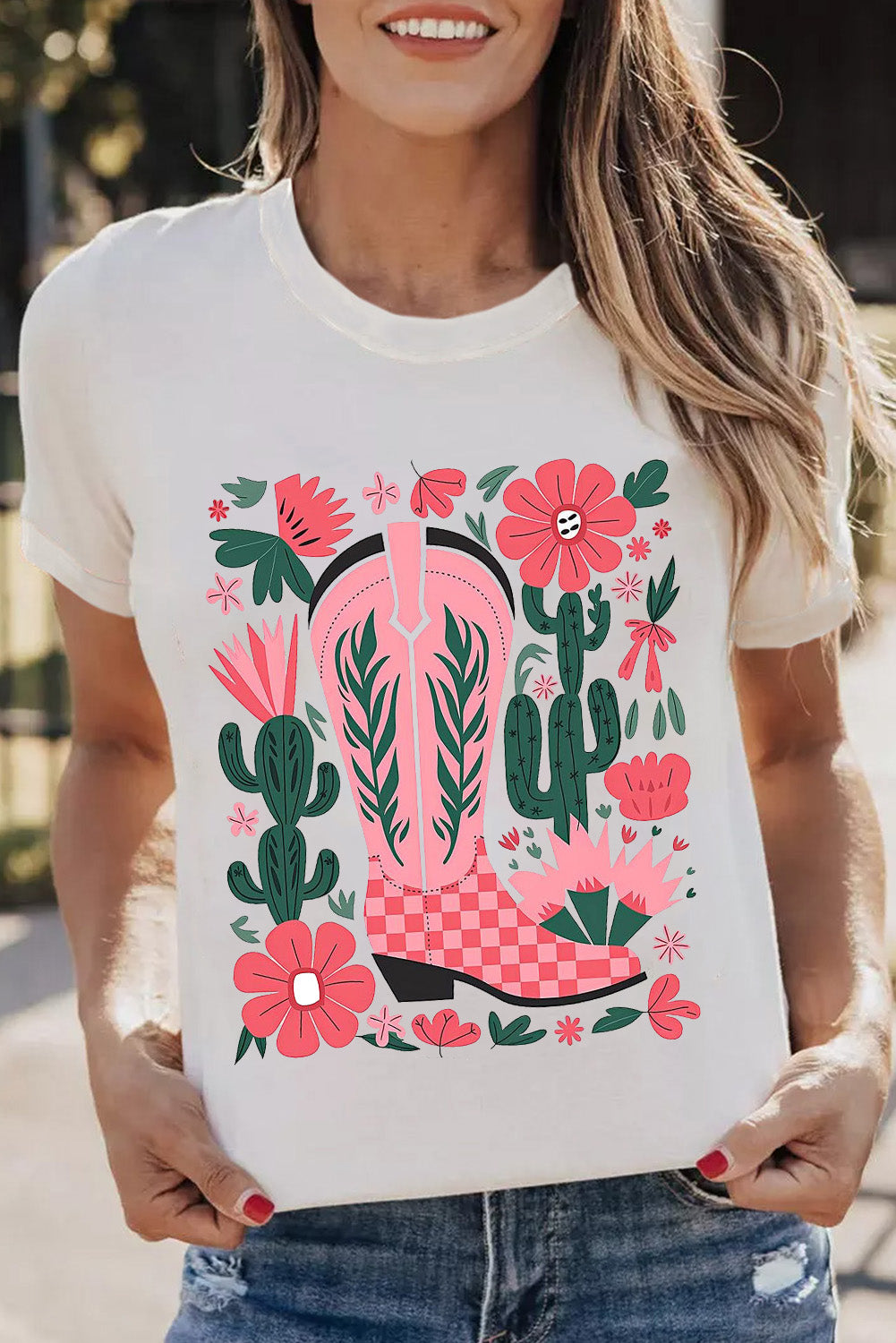 White Western Boots Flower Print Round Neck T Shirt Graphic Tees JT's Designer Fashion