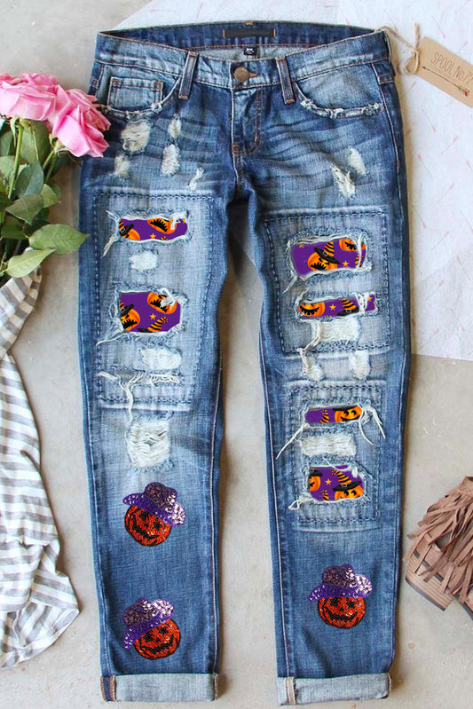 Sky Blue Sequin Pumpkin Patched Distressed Straight Leg Jeans Graphic Pants JT's Designer Fashion