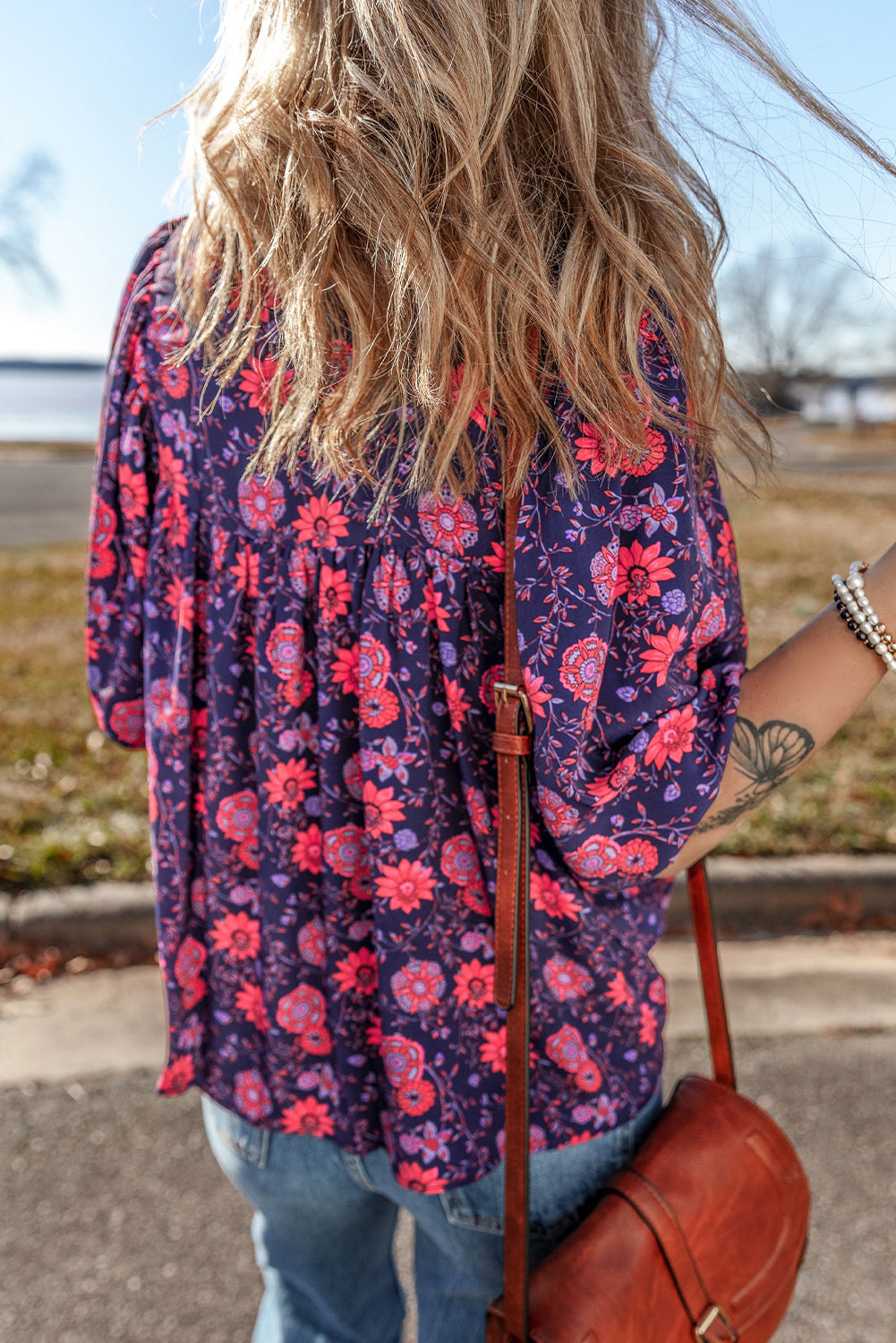 Purple Floral Half Sleeve Split Neck Blouse Top Blouses & Shirts JT's Designer Fashion