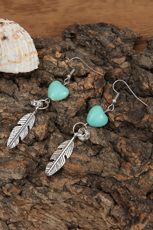 Silvery Turquoise Heart Shape Alloy Feather Drop Earrings Jewelry JT's Designer Fashion