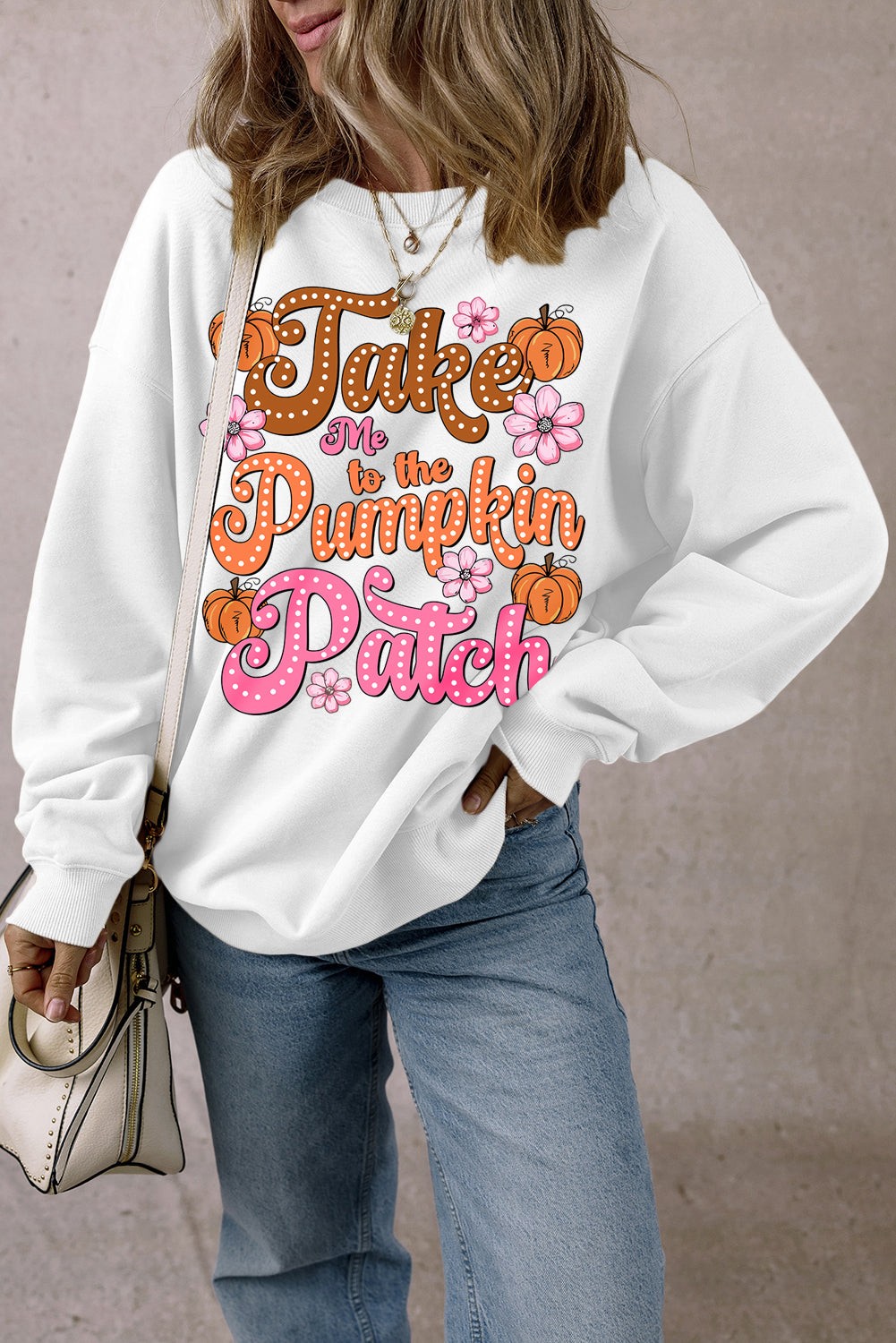 White Take Me to the Pumpkin Patch Floral Halloween Sweatshirt Graphic Sweatshirts JT's Designer Fashion