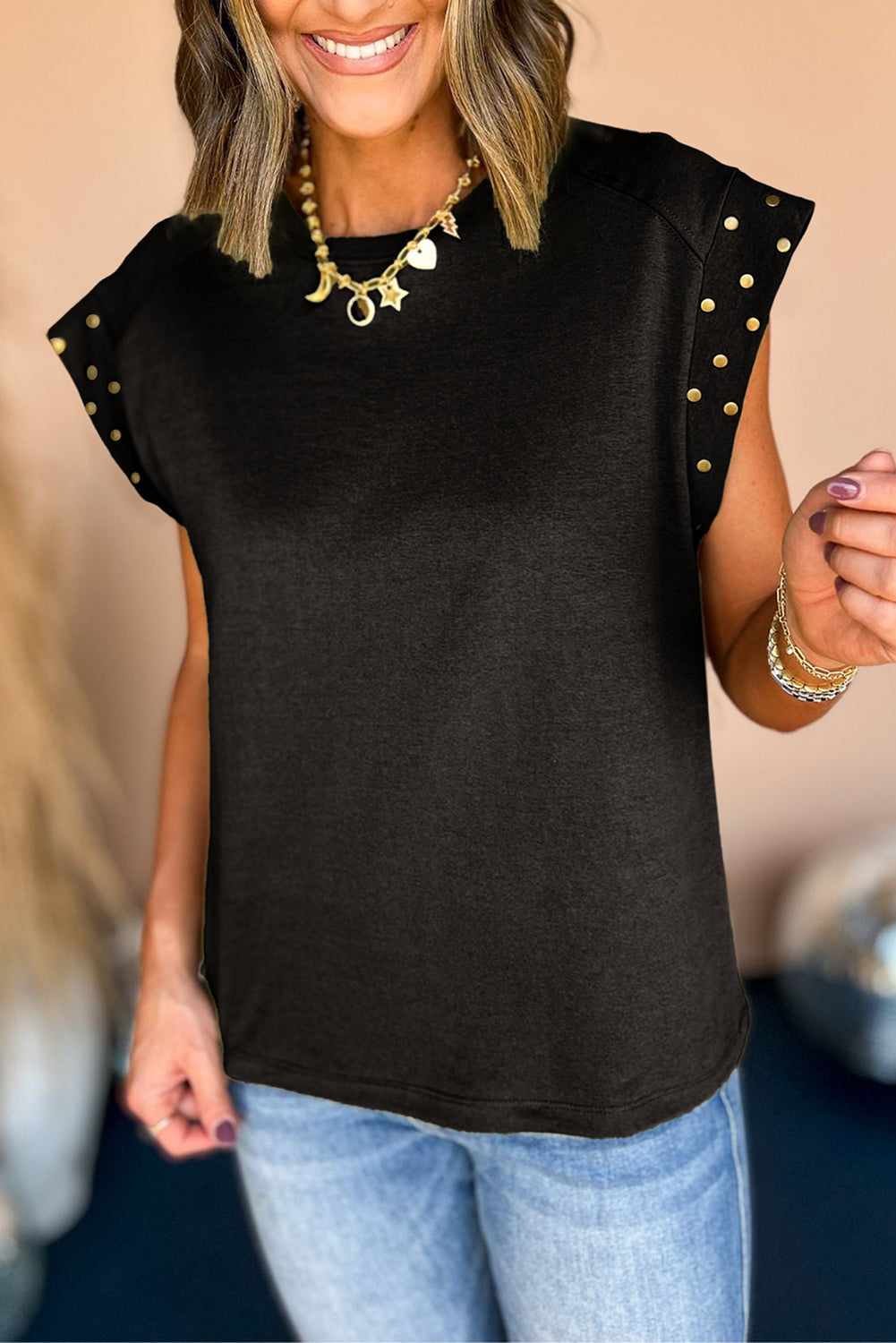 Black Studded Short Sleeve Top Tops & Tees JT's Designer Fashion