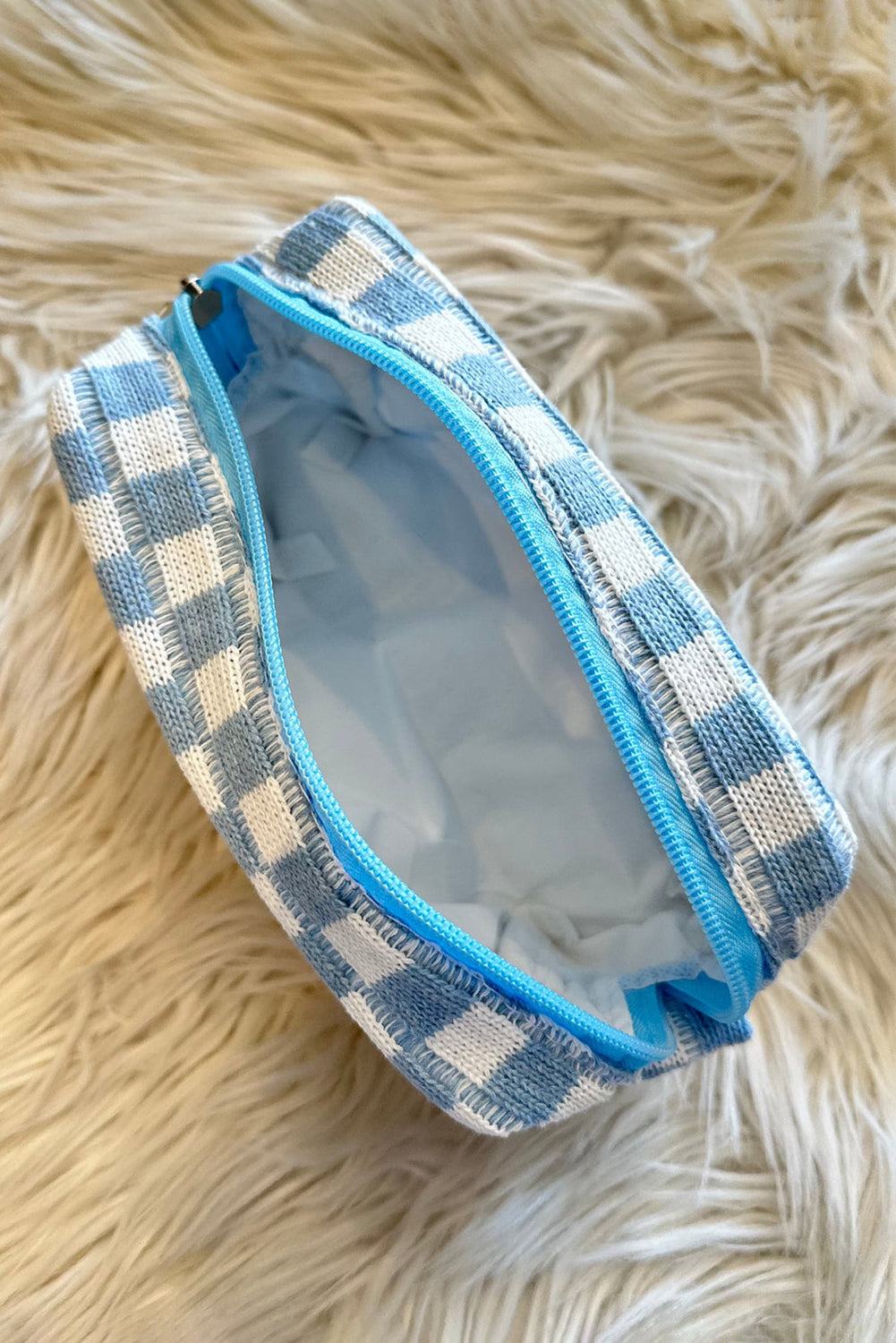 Sky Blue Checkered Knitted Zipper Makeup Bag Other Accessories JT's Designer Fashion