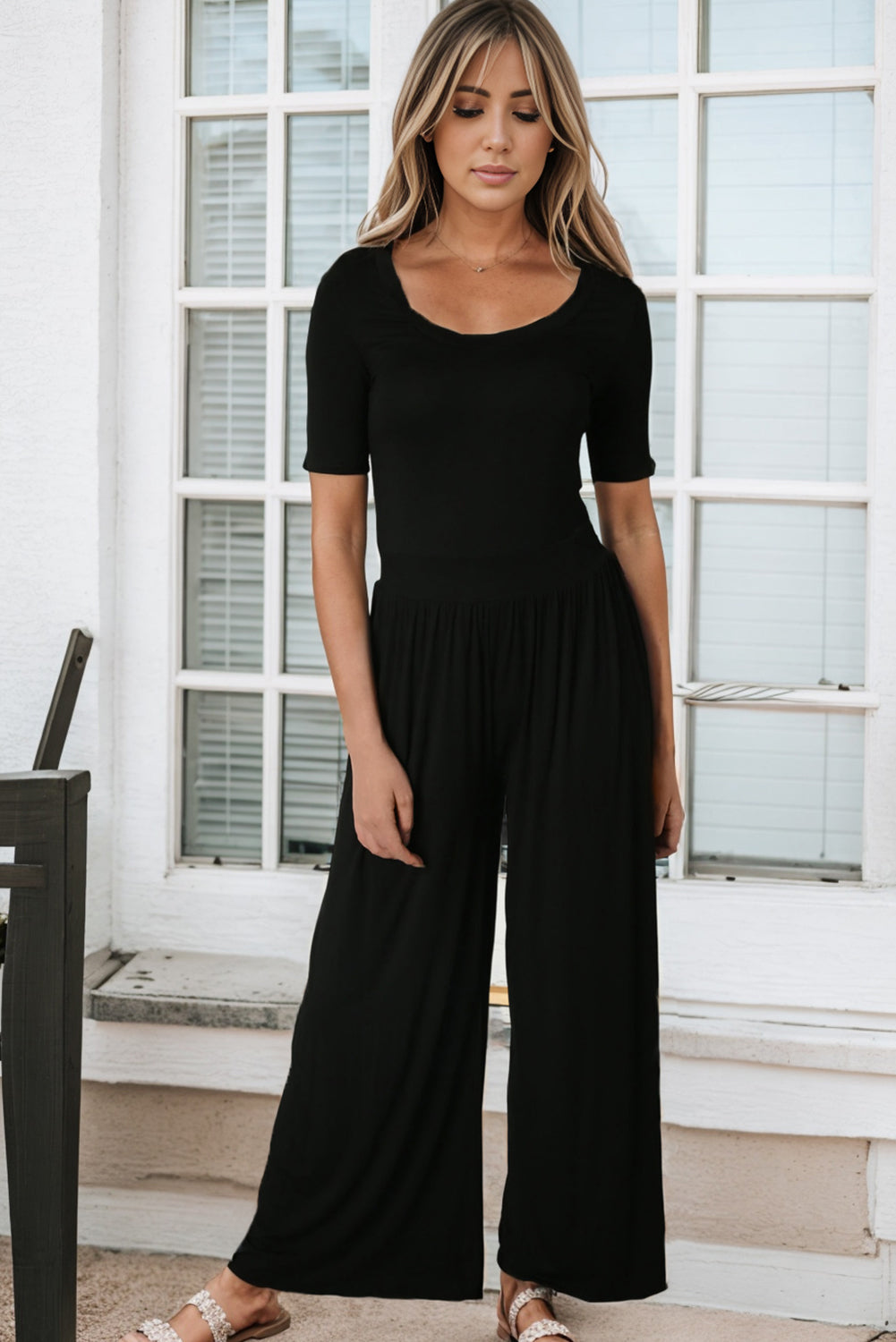 Black Short Sleeve Bodice Flowy Wide Leg Jumpsuit Jumpsuits & Rompers JT's Designer Fashion