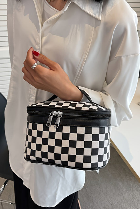 Black Checkered Zipper Large Cosmetic Bag with Handle Makeup Bags JT's Designer Fashion