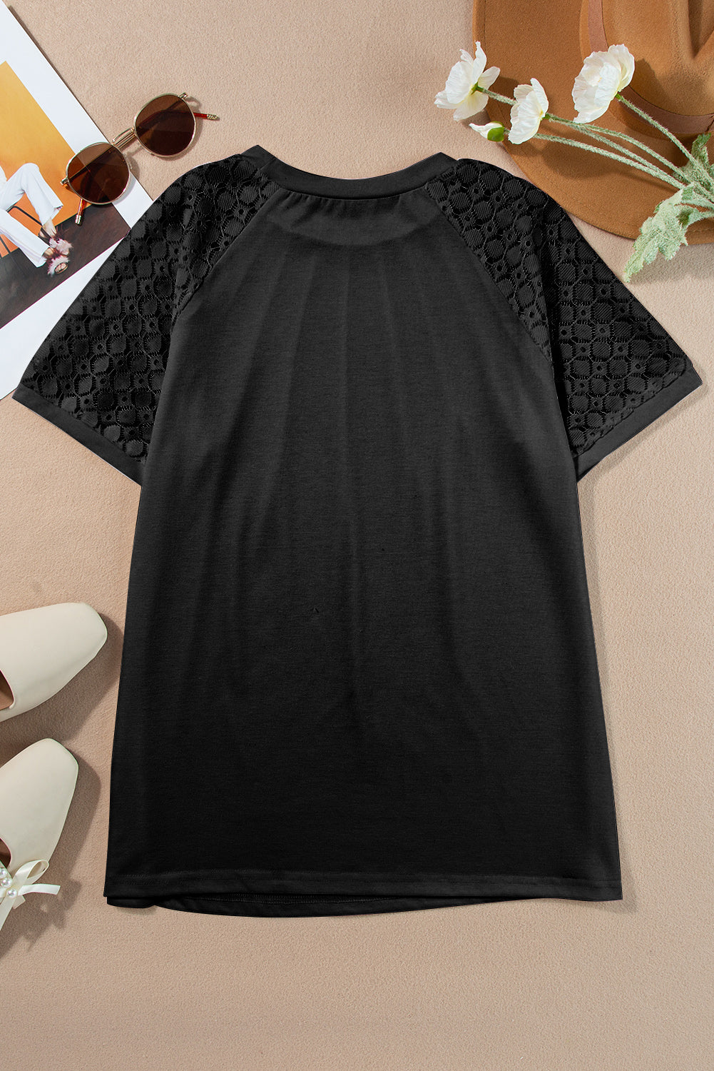 Black Seamed Detail Contrast Lace Raglan Sleeve Tee Pre Order Tops JT's Designer Fashion