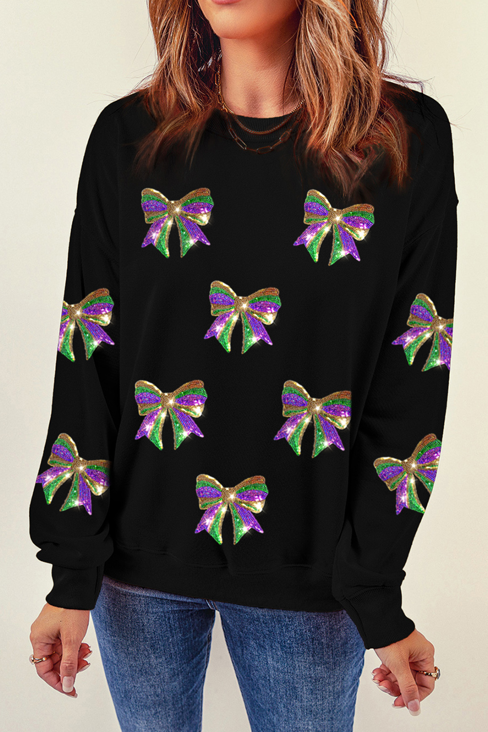 Black Sequin Mardi Gras Bow Graphic Drop Shoulder Pullover Sweatshirt Graphic Sweatshirts JT's Designer Fashion